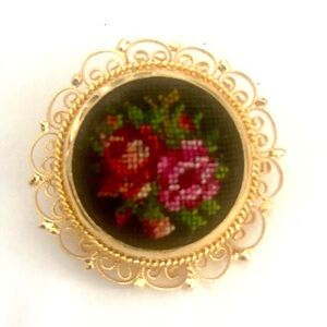 Gold Tone Filigree Brooch Petit Point Brooch Austrian Vintage